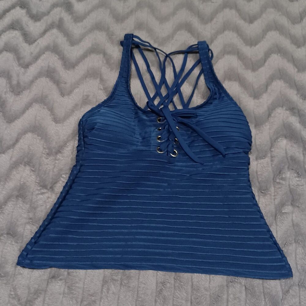 Time And Tru Womens Size S Navy Blue Striped Lace Up Tankini Swim Top NWT